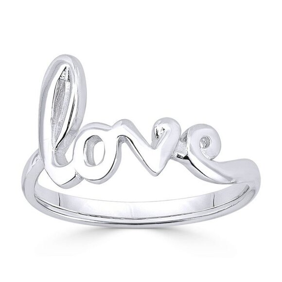 "Love" Word Cursive Script Right-Hand Ring in .925 Sterling Silver - Size 5 - Picture 1 of 1